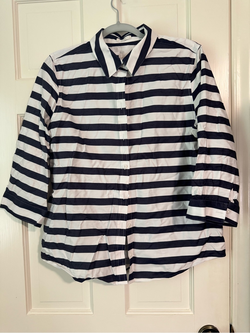 Chico's Navy and White Striped Button-Front Shirt